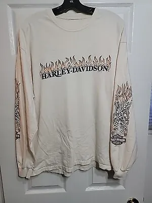 Vintage Y2k Harley Davidson Flames Cream Long Sleeve Shirt Tattoo Graphic • $23