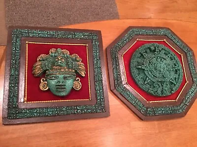 $69 • Buy PAIR Of Vtg Framed Mayan Aztec Crushed Malachite Mexican Folk Art Pictures
