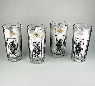 VINTAGE 4 Pc MCM ATOMIC STARBURST TUMBLERS Mid-Century Modern BLACK GOLD GLASSES • $24.99