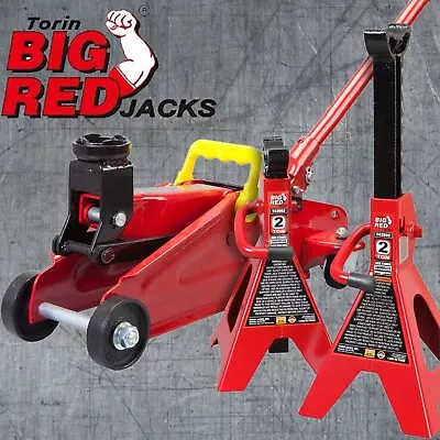 BIG RED 2 Ton Hydraulic Trolley Floor Jack Combo 2 Jack Stands Red • $83.99