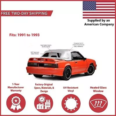 1991-93 Ford Mustang Convertible Soft Top W/ DOT Approved Glass Window White • $296.10