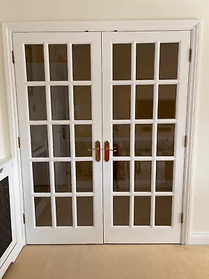 Wooden Glazed Pair Of Internal Doors Painted White With Brass Handles & Hinges • £20