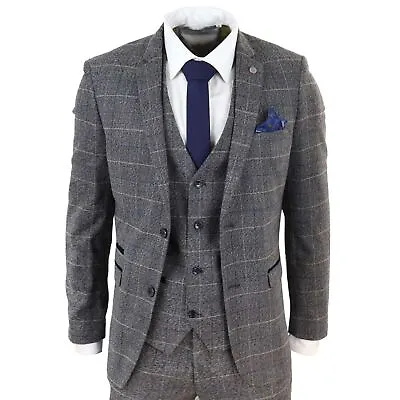 Mens Grey Check 3 Piece Suit Herringbone Tweed Vintage Tailored Fit Blue Velvet • $334.09