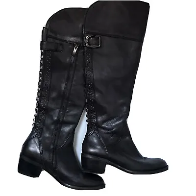 Vince Camuto VC Bollo Leather Studded Equestrian Moto Zip Black Boots Women 6.5 • $59.99