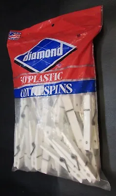 New Vintage 1980's USA Diamond Brands Bag Of 50 Unused White Plastic Clothespins • $25