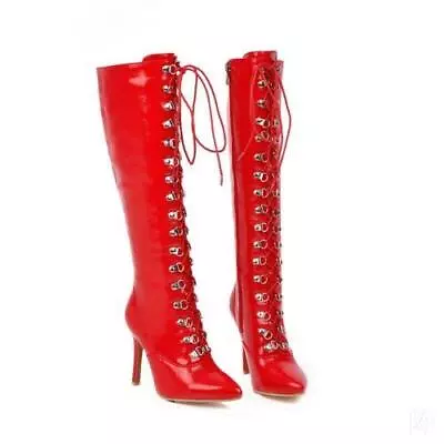 Women's Patent Leather Knee High Boots Slim Heels Lace Up Zip Shoes  • $66.69