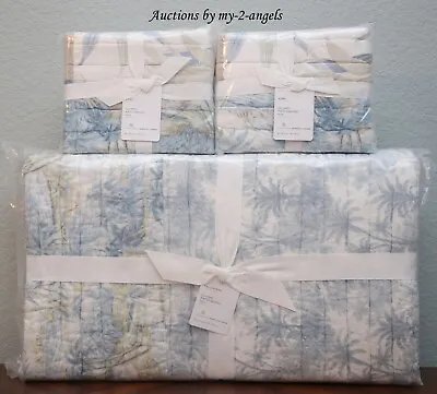 Pottery Barn ISLAND PATCHWORK Full/Queen Quilt + Shams BLUE Tropical Palm Beach • $399.95