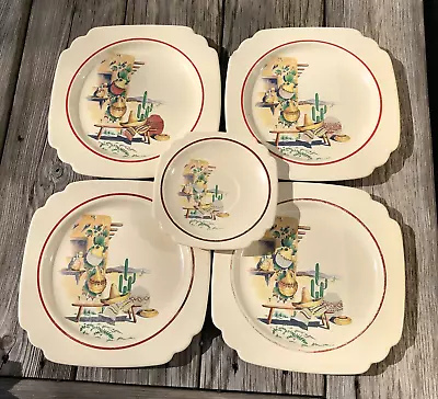 Set Of 5 Vintage 1940's HOMER LAUGHLIN Hacienda Plates / 4 Lunch & 1 Saucer • $19.99