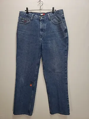 Tommy Hilfiger Jeans Mens 33 X 30 Blue Stone Wash Retro Flag  *FLAW* VINTAGE 90s • $17.94