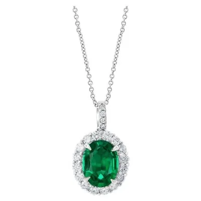 Syn Columbian Emerald Halo Style Pendant Necklace 925 Fine Silver High Jewelry • $217.60