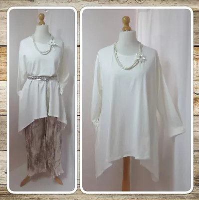 Bnwt Quirky Lagenlook  Cream Shark-bite Hem Cotton Jersey Tunic Top Osfa • £16.99