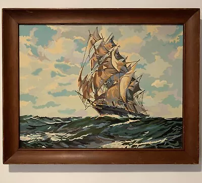 $98 • Buy Vintage Paint By Number On Canvas Board, Clipper Ship, Framed 27”x21.5”