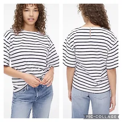 J Crew Mariner Cloth Ruffle Sleeve Top Lavender Navy Blue Striped Size Medium  • $21