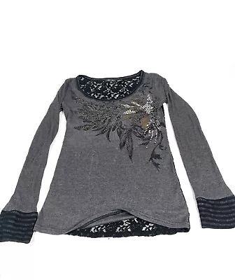 Miss Me Embellished Thermal Top Sequin Rhinestone Bling Gray Black Women's Sz. L • $19.49