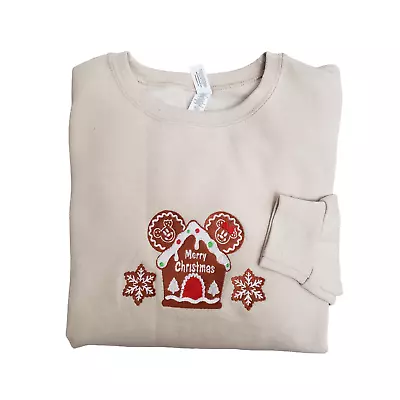 Christmas Gingerbread House Mickey Minnie Mouse Embroidered Crewneck Beige Sz L • $45.99