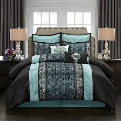 Blue Black Stripe Moroccan Damask 8 Pc Comforter Set Queen Cal King Bed Elegant • $162.90