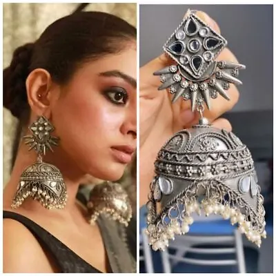 Ethnic Indian Traditional Bollywood Style Silver Oxidized Jhumka Long Earrings • $13.19