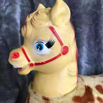 Rubber Face Horse Ride On Plush Spotted Pony On Wheels Vintage MCM Toy READ • $88.41
