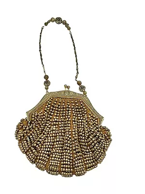 Vintage Gold Beaded Clutch Purse Clam Shell Evening Bag Gold Tone Chain Clasp • $42.49