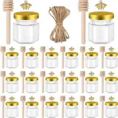 20 Pcs Mini Glass Honey Jars 1.5 Oz Hexagon Honey Jars With Wooden Dipper&Lid • £15.99