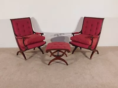 Pair KINDEL Winterthur Collection Lolling Chairs & Ottoman Footstool Bench • $2950