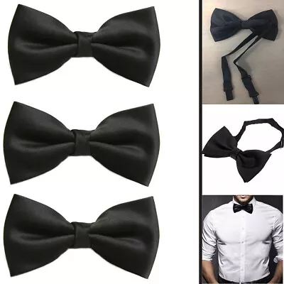 BLACK BOW Smart Tie Neck Mens Clip-on Satin Black Dickie Fancy Dress UK • £3.95