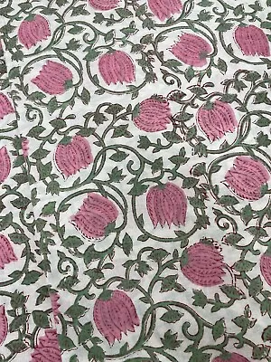 Indian Block Print Off White Pink Floral Voile Cotton Women Dress Craft Fabric  • £8.99