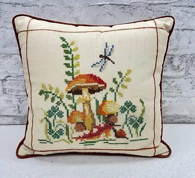 Vintage Petit Point Needlepoint Pillow Mushrooms Firefly Cottage Core Granny • $59.99