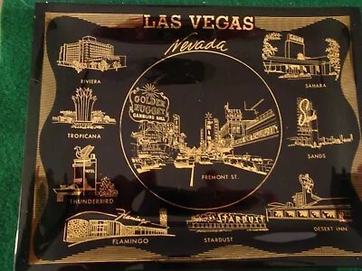 Vintage Las Vegas Landmarks & Casinos Souvenir Tray Gold On Black Glass • $10