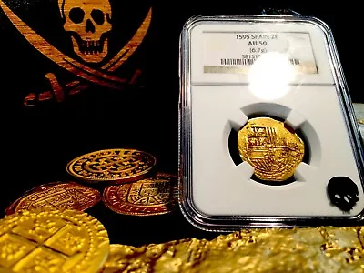 Spain 2 Escudos “rarely Dated 1595!” Pirate Gold Coins Ngc 50 Treasure Doubloon • $5695