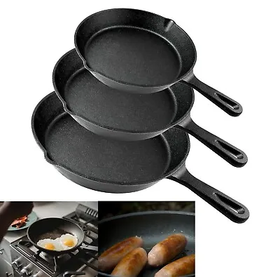 £20.55 • Buy 3 Piece Cast Iron Pan Set Frying Griddle Barbecue Grill BBQ Skillet  MND