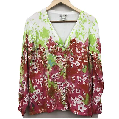 Orvis Cardigan Womens M Floral Watercolor Sweater Green Pink White Medium • $12.99