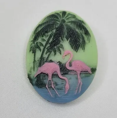 Vintage Pink Flamingo Brooch Palm Tree Tropical Cameo Resin Pin • $12.75