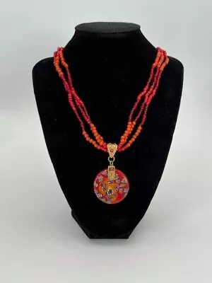 Venetian Murano Millefiori Red/orange Pendant With Red Glass Beads Necklace • $42.30