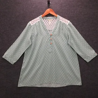 Matilda Jane Blouse Womens Large Green White Polka Dots Lace Accents 3/4 Sleeve • $19.99