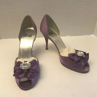 Stuart Weitzman Womens Size 7.5 M Purple Satin Peep-toe Heels Rainbow Crystal • $32