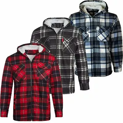 New Mens Fleece Sherpa Fur Lined Lumberjack Hood Check Quilted Thermal Shirt Top • £22.99