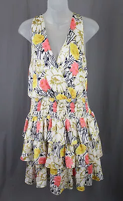 BCBG Maxazria Yellow Multi Floral Print Ruched Elastic Waist Ruffle Hem Dress M • $33.15