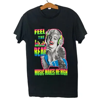 Fun Black Neon Gangster Marilyn Monroe Music Makes Me High Graphic Tee Medium • $25