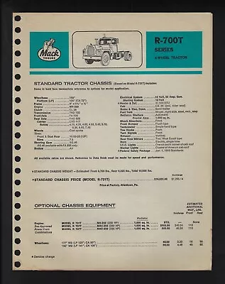 Mack Trucks Model R-700t Series 4 Page Specifications Brochure June 1969 • $27.50