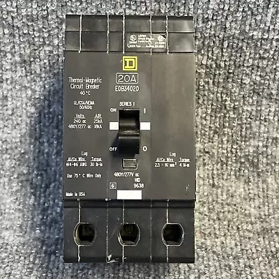 Square D EDB34020 Circuit Breaker 20A  3-Pole 480Y/277V 50/60Hz Used • $124.99