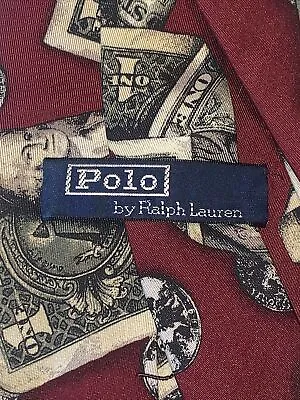 RALPH LAUREN POLO 100% SILK Hand Made NECK TIE AUTHENTIC Maroon DOLLAR BILLS • $23.99