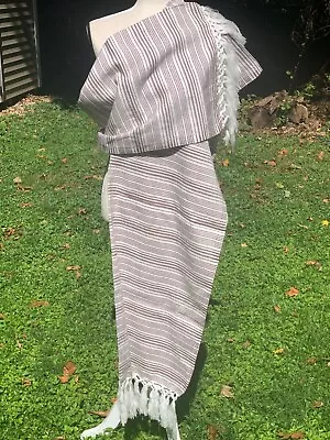 Fringed Rebozo Wrap Shawl Woven Stripes 84x28  Cotton Mexican Brown White H71 • $25.90