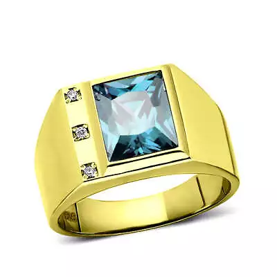 3 Diamond Accents 18K Gold Plated On 925 Real Solid Silver Mens Blue Topaz Ring • £159.83