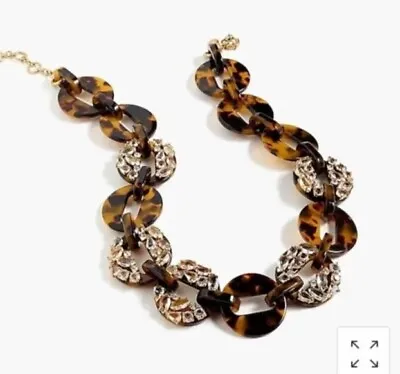 J Crew Tortoise And Crystal Clear Stone Chain Link Statement Necklace Brown NEW • $33.14