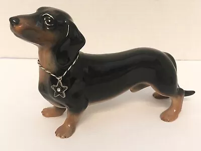 DACHSHUND Porcelain Dog Figurine Black Brown 7  Star Charm Necklace England? • $28.98