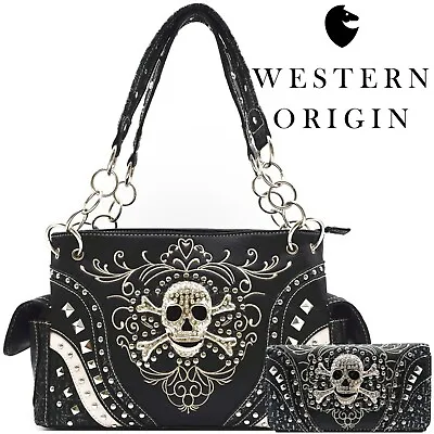 Punk Gothic Skull Handbag Concealed Carry Purse Women Shoulder Bag Wallet Set • $102.46