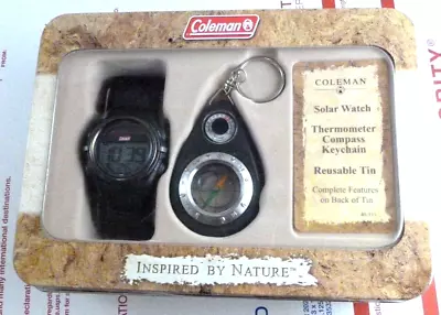 Vintage Coleman Mens Digital Solar Watch & Compass Keychain W/ Metal Tin Camping • $39.85