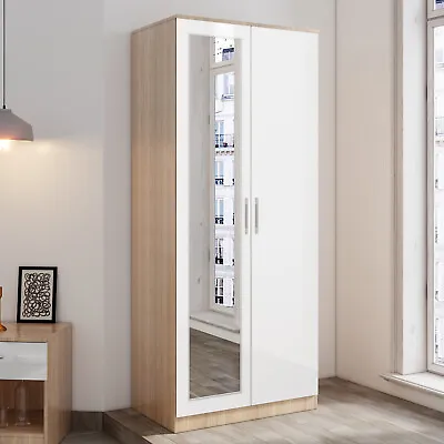 £132.98 • Buy 2 Doors Wardrobe White High Gloss Storage Hanging Rail Furniture With Mirror