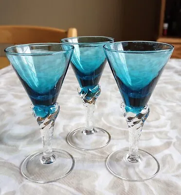 Lot Of 3 Blue 1oz Blown Glass Mini Martini Shaped Stemmed Cordial Shot Glasses • $16.99